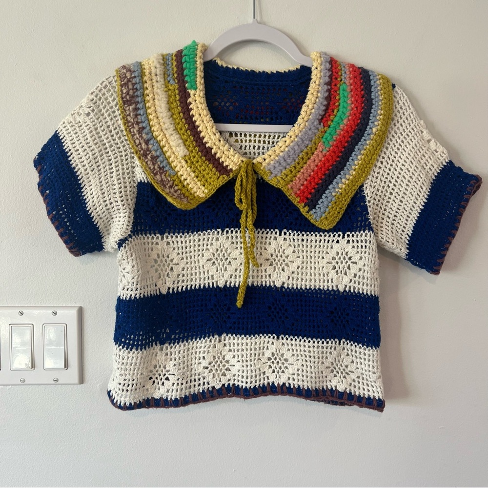 Handmade Multicolor Striped V-Neck Sweater with Crochet Granny Shawl Boho